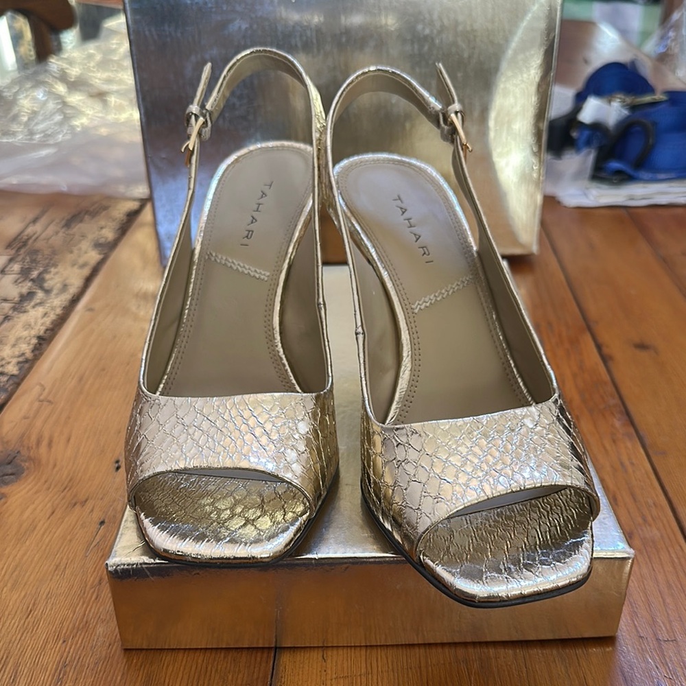 Tahari Metallic Gold Peep-Toe Slingback Heels